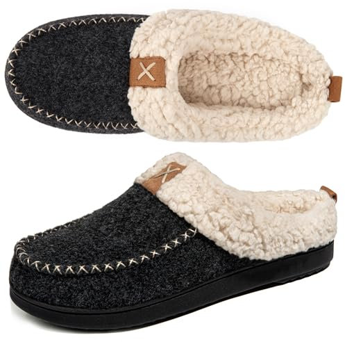 LongBay Women's Woolen Slippers, Sherpa Memory Foam Fluffy Moccasin with Soft Plush Fleece Lining Slip-On for Indoor Outdoor Use (5-6 UK, Black)