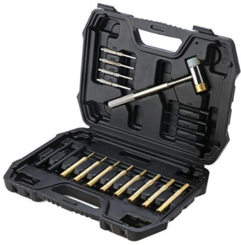TOPWAY Brass Punch Set 19PCs 1/8- 5/16 Pin Puches with Double Head Hammer for Automotive, Gunsmith Work, Jewelry Making, Watch Repair and Crafting 405051