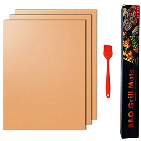 Hoshen 3 Sets Fiberglas-Grillmatten (einschließlich einer Bürste), 40 x 33 cm, antihaftbeschichtet, hochtemperaturbeständig, Grillmatten, Outdoor-Grillmatten, wiederverwendbar, Gold