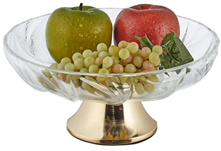 Relaxdays Alzatina per Dolci e Frutta, Alzata in Vetro Stile Cristallo, HxD: 11x25 cm, Base in Ferro, Trasparente Oro, 1 pz