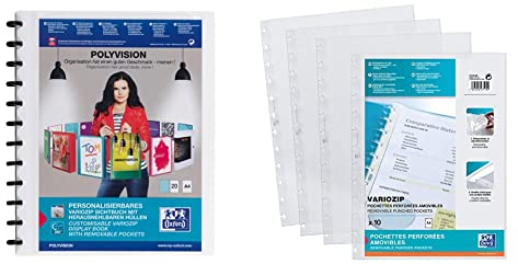 ELBA polyvision Ringmappe A4, 20 transparente Hüllen, mit vario-zipp-Prinzip, weiß, 5er Pack & Prospekthüllen A4 manageMe, glasklar, oben offen, 10 Stück