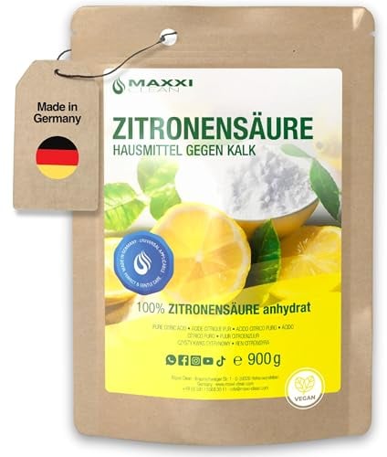 Maxxi Clean | 1x 900 g de poudre d'acide citrique de qualité alimentaire | Fabriqué en Allemagne | Produit domestique pour la cuisine, le ménage et la cosmétique | 100% pureté & refermable