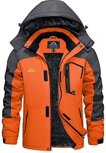 KEFITEVD Snowboardjacke Herren Thermo Winter Jacke Outdoor Wasserabweisend Softshelljacke Fleece Gefütterte Kapuzenjacke mit Mehrere Taschen Grau-orange L
