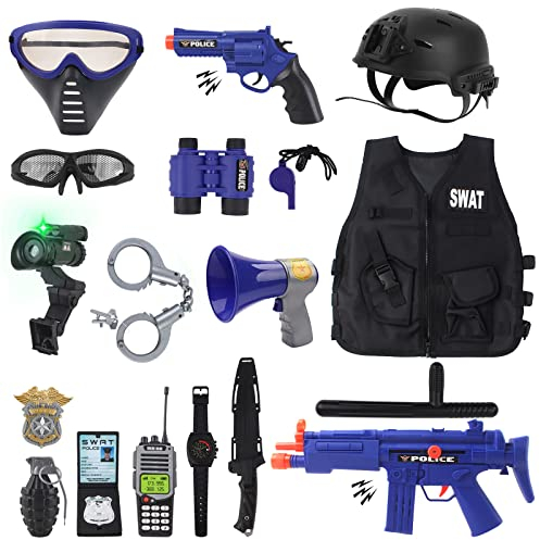 deAO Jeux De Rôle De Police Deguisement,Enfant Policier Costume Gilet,Vestes Ensemble De Costume De Police Avec Casque menotte Lunettes Walkie Talkie etc,18Pcs Accessoires De Police