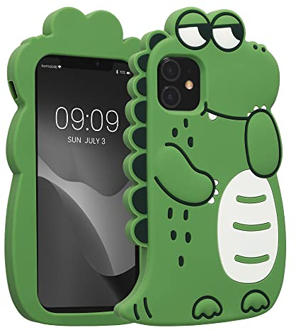 kwmobile Case Compatible with Apple iPhone 11 - Cute Dinosaur Case Soft Cute Protective Silicone Cover - Black/White/Green