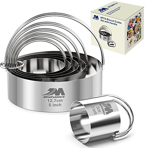 M JINGMEI Biscuit Cutter Set for baking 2inch 2.5inch 3inch 3.5inch 4inch 5inch large size Round Metal Baking Rings with handle for Pastry, Biscuits, and Dough Cutting 6pcs set GIFT Package