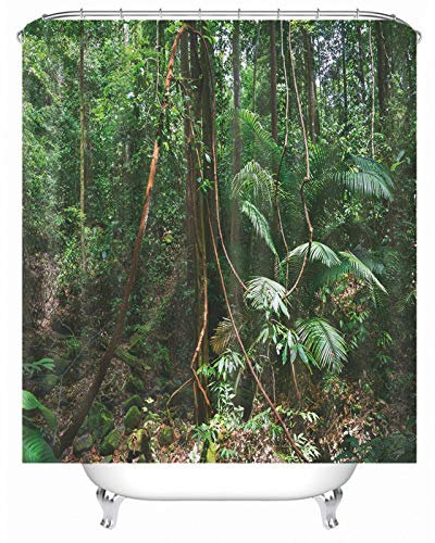 EHOMERY Rideau Douche Rigolo Rideau Salle De Bain en Tissu Forêt Rideau De Douche en Tissus Lavable en Machine Rideaux De Douche Camping Car Polyester Vert 12 Anneaux De Crochets, 90X180Cm