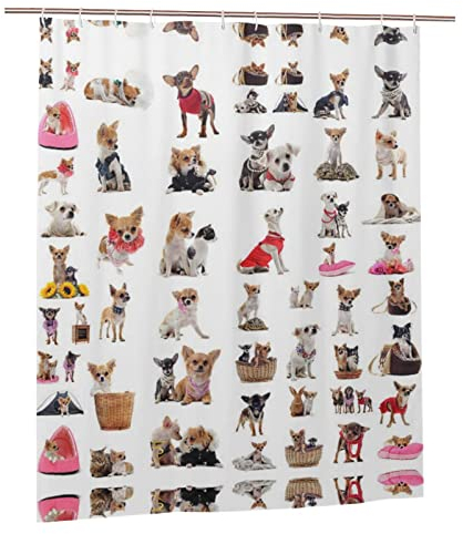 GWINDI Duschvorhang mit niedlichem Chihuahua-Mops-Motiv, wasserdichter Stoff, Duschvorhänge, Badezimmer-Dekor mit 12 Haken, 152,4 x 183,9 cm