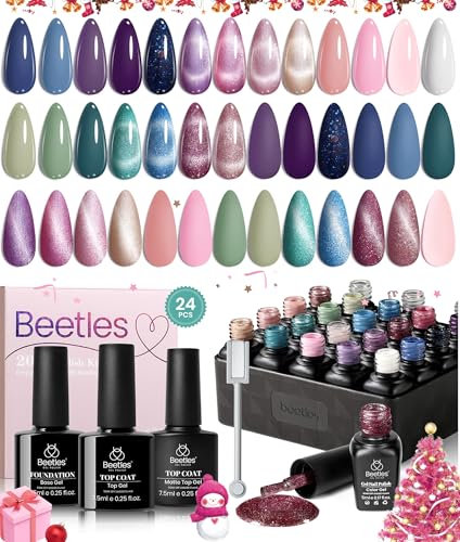 beetles Gel Polish Set 24Pcs Cat Eye Gel Nail Polish Floral Verses Holographic Glitter Blue Pink Green Gel Nail Polish with Magnet Glossy & Matte Gel Top Coat Base Coat UV LED Nail Lamp
