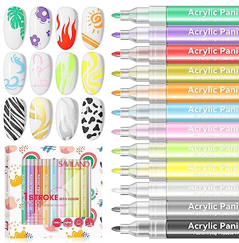 Saviland 12Pcs Nail Art Pens: Nail Art Tools for 3D Nail Polish Pens Nail Dotting Tools Acrylic Paint Pens Drawing Painting Point Liner Pen for Nails Art Design, Nail Art Kit for Home Salon