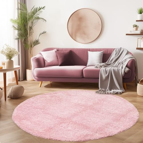 SIMPEX Flauschiger Teppich Wohnzimmer Schlafzimmer Läufer Flur Esszimmer Küchenteppich Hochflor Einfarbig Modernes Design 30 mm Florhöhe Kuschelweich, Rosa, 120 cm Rund