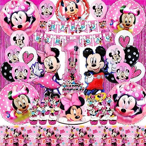 Minni Luftballons,Minni Mouse Geburtstagsdeko 1 Jahre Mädchen Rosa, Minni Folienballons für Birthday Party Supplies Dekoration Mit Mouse Tortendeko,Minni Happy Birthday Banner für Minni Themenparty