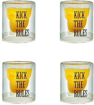 KICK THE RULES - Pack de 4 Chupitos Calavera Premium - Elaborados en Vidrio con Doble Pared - Ideal para cualquier Celebración - Vasos de Chupito de 25 mL