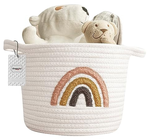 Inwagui Aufbewahrungskorb Gewebter Baumwollseil Korb Kinderzimmer Deko Korb Baby Spielzeug Korb Faltbar Rund Aufbewahrungskorb für Schrank, Regal, Desktop - Regenbogen