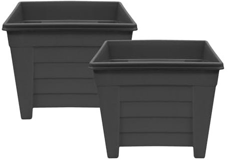 simpa Grosvenor Square Plastic Garden Planters - Set of 2 Pots Black 33cm.