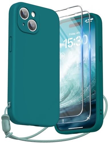 SURPHY Design for iPhone 15 Case, Liquid Silicone Protection for Each Lens [2 x Screen Protectors & 1 x Lanyard] Shockproof Cover for iPhone 15 6.1 inch 2023, Teal Blue
