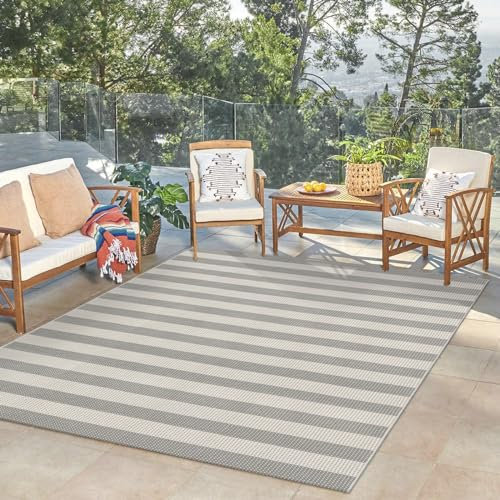 LEEVAN Outdoor-Teppich, waschbar, Terrassenteppich, grau und weiß gestreift, Balkonteppich, wendbar, Hinterhofteppich, großer Strandteppich, für Innen- und Außenbereich, Bodenteppich für
