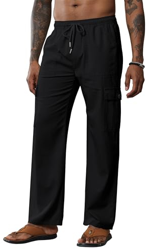 Breampot Herren Leinenhose Lang Leicht Sommerhose Baumwolle Cargo Loose Freizeithose mit Kordelzug (Schwarz, XX-Large)