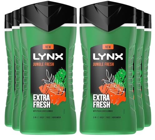 Lynx 3-in-1 Shower Gel Jungle Fresh 12 Hours of Long Lasting Refreshing Fragrance Body Wash with Plant-Based Moisturisers for Men for Naturally Soft Skin, 225ml Pack of 6
