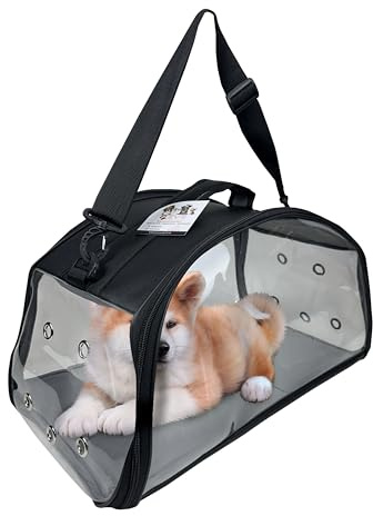 EVE Textile Hunde Tragetasche | Katzen Tragetasche | Hundetasche | Katzentasche | Hunde Umhängetasche | Katzen Umhängetasche | Atmungsaktive Tasche | Transparente Handtasche | 47x30x30 cm (Schwarz)