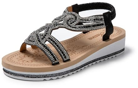 JOMIX Sandalias Mujer Verano con Banda Elástica Sandalias Mujer Comodas con Joyas Brillantes Sandalias Plataforma Mujer Playa Piscina Mar, Negro, 39 EU