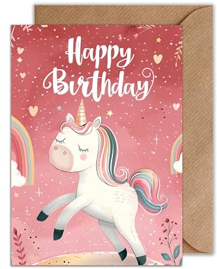 WBdesignz Geburtstagskarte Einhorn mit Umschlag - Rosa Einhorn Karte Geburtstag Mädchen Glückwunschkarte für Kinder Happy Birthday (DIN A6)