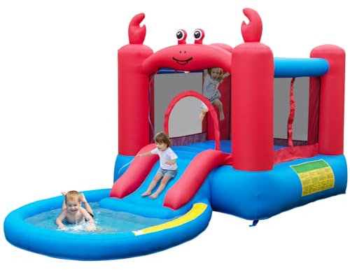 GYMAX Kids Bouncy Castle Age 3+, Inflatable Jumping House with Slide, Round Ball Pit Pool, 30 Ocean Balls & Carry Bag, Red Crab Themed Children Bounce Playhouse for Outdoor Indoor
