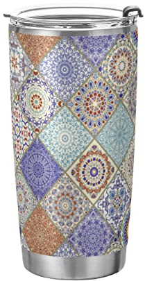 Anticsao Vaso de cerámica bohemio vintage con tapa y popote, vaso de acero inoxidable aislado, taza de café de viaje de doble pared, tazas térmicas al vacío para bebidas calientes y frías, 20 onzas