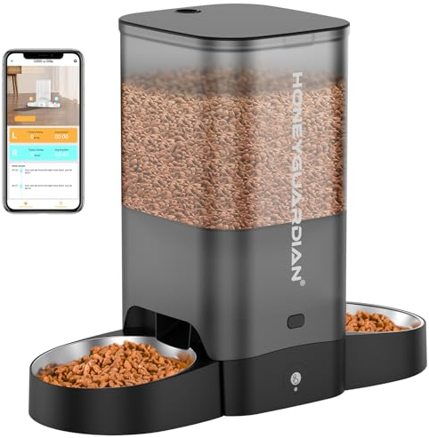 honeyguaridan 5L Distributeur Croquettes Chat Automatique 2 Bols opposés avec Detecteur Mouvement, 2.4G WiFi Distributeur Croquettes Chat Connecté, Nourrir à Distance pour Chats/Chiens
