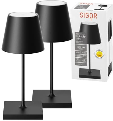 SIGOR Nuindie 2.0 mini Akku-Tischlampe, 2er-Set, nachtschwarz | Dimmbar • Indoor & Outdoor • IP54 • 25 cm • USB-C • 12 h Leuchtdauer