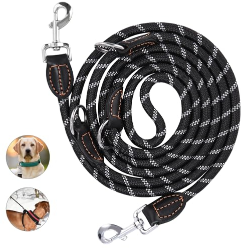 Verstellbare Hundeleine für Große & Mittelgroße Hunde - Doppelleine aus Nylon Mit 2 Karabinerhaken und 3 Ringen, 3m Lang, Multifunktional, Schwarz