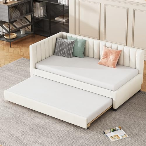 MQLAE Polsterbett 90x200 cm Ausziehbares Schlafsofa mit Lattenrost, Gästebett - Tagesbett - Bettsofa - Einzelbett - Multifunktionsbett aus hautfreundlichem Samtstoff, Beige