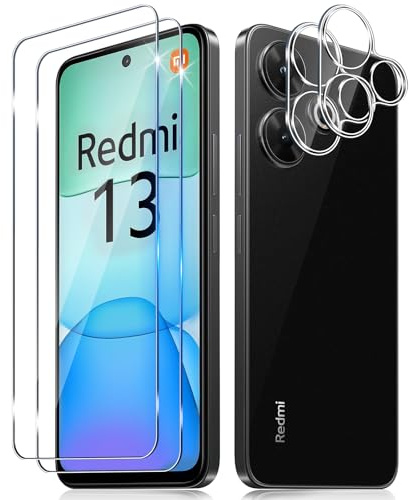 Funrae 2 Piezas Protector de Pantalla para Xiaomi Redmi 13 4G con 2 Piezas Protector de Lente de Cámara, 0.33MM HD 9H Ultra Resistente Cristal Templado Vidrio Templado
