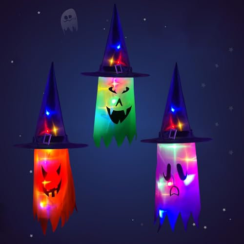 KEELYY Halloween Deko Hexenhut Leuchtend 3 Stück Luminous Hängend Geist Hexenhut LED Ghost Deko Gruselig Halloween Party Deko für Garten Outdoor