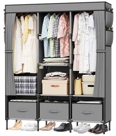 LOEFME Kleiderschrank, 130 x 45 x 175 cm Stoffschrank Stabil mit Seitentaschen, Faltbarer Kleiderschrank für Schlafzimmer und Ankleidezimmer, Grau
