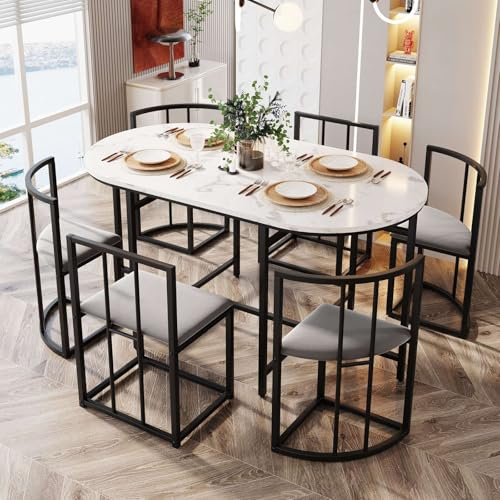 PUGSDRLY Table a Manger avec 6 Chaises,Tables et Chaises de Luxe Modernes,Tables de Salle à Manger avec Armature en Fer,Chaise Tapissée,Table de Cuisine 6 Personnes (Noir)