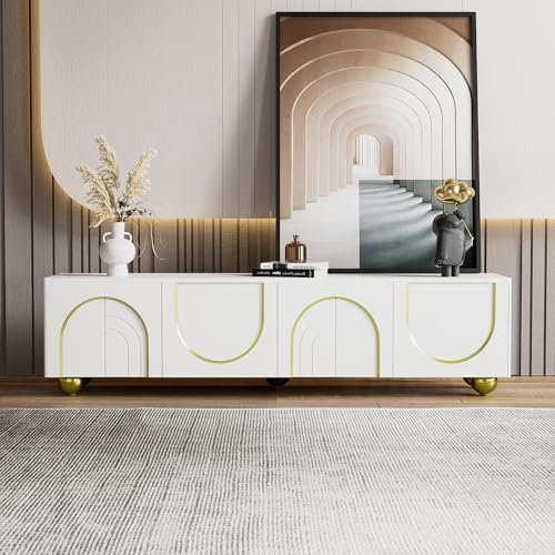 BTM Meuble TV Blanc, Meuble TV en Rotin avec Rangement Décorations Dorées et Pieds Ronds Dorés, Banc TV de Salon avec Portes Structurées, Push-to-Open, 170x38x44 cm