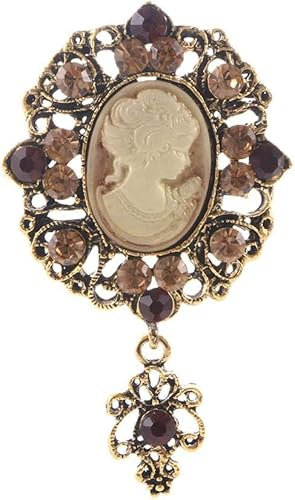 Vintage Cameo Brosche Strass Broch Viktorianischer Stein mit Rose Pins für Frauen Anhänger Schmuck Geschenk (Gold)