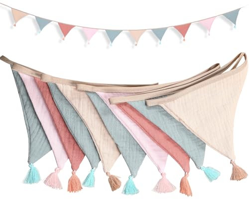Yuanchu Guirnalda de banderines para habitación infantil, 300 cm, tela de muselina, algodón, decoración para habitación infantil, cumpleaños, cama de casa, decoración para niñas, para cama de casa,