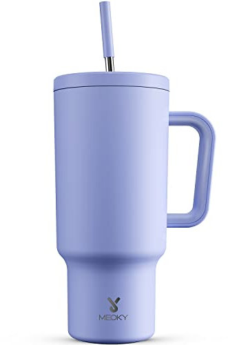 Meoky 1182ml/40oz Thermobecher mit Strohhalm und Griff, Doppelwandiger Edelstahl Vakuum Kaffeebecher to Go, 100% auslaufsicher, für Kalte und Heißer Getränke (lila)