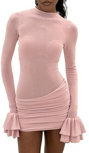 Weiara Élégant Rose Pâle Robe Courte Manches Longues Corset Slim Plissé Mini Robe Robe De Soirée Formelle