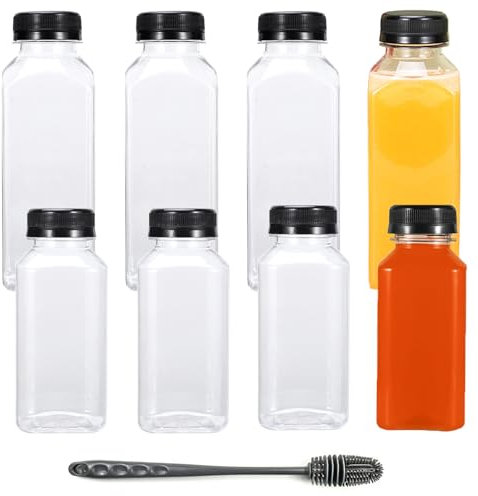 KPSRFG 8Pcs Juice Bottles, 250ml and 350ml Small Plastic with Lids, Juice Bottles with Lids, with Silicone Cup Brush, for Milk, Smoothie or Drinking, and as Gift