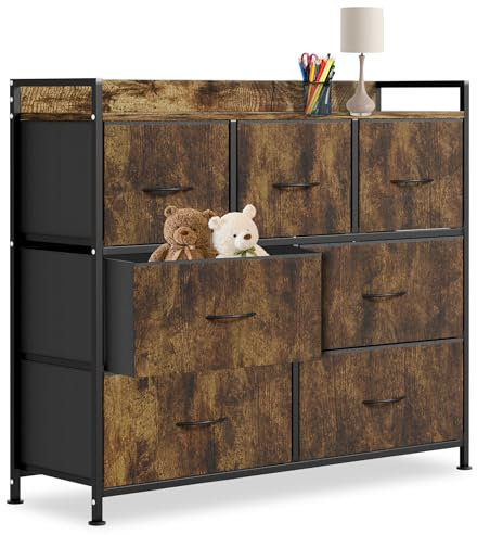 Froadp Kommode mit Schubladen aus Stoff Sideboard Wohnzimmer mit 7 Stoffschubladen Schubladenschrank Aufbewahrungsschrank Schubladenbox für Wohnzimmer Flur Schlafzimmer, Vintage-Holzoptik