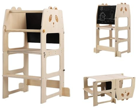Tour d Observation Enfant Montessori 3-en-1 Tour d'apprentissage Table d'Activités pour Enfants Bureau avec Tableau Bois Naturel Tour Montessori pliable Motricité