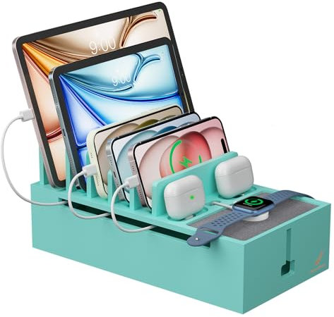 Pezin & Hulin Bamboo Charging Station for Multiple Devices, Charger Dock Holder Stand for Cell Phone and Tablet-Teal