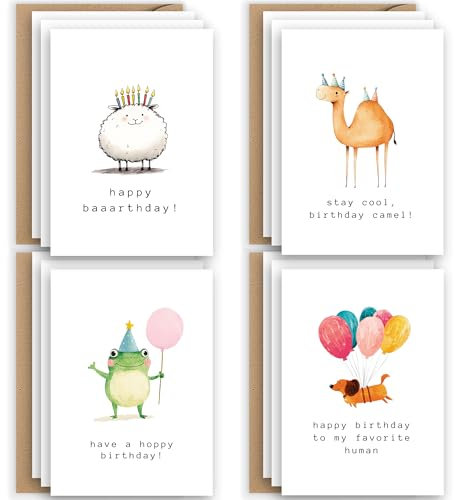 Geburtstagskarte Glückwunschkarten Postkarten Set mit 12 Geburtstagskarten mit Kraftpapier Optik Umschlägen Süßen Tieren Kamel Frosch Schaff Hund mit lustigen Sprüchen und Happy Birthday bedruckt