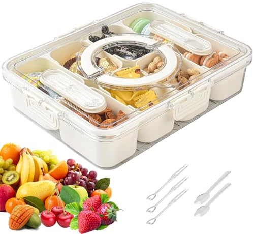 Bandeja para Snacks con 8 Compartimentos, Contenedor Hermético Transparente con Tapa, Incluye Tenedor y Cuchara, Libre de BPA, Ideal para Frutas, Frutos Secos, Dulces, Niños, Fiestas, Picnic