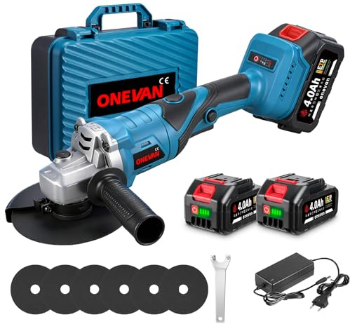 ONEVAN Akku Winkelschleifer 125mm Bürstenlos, Elektrisches Trennschleifer | 180° drehbarem Kopf, 6 Gang Regelbare Drehzahl, 2x4.0Ah Akkus, Angle Grinder für Trennen, Schleifen