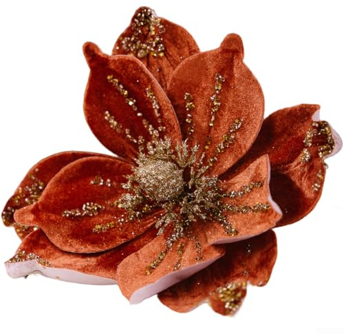 Set of 4 Gold Glitter Christmas Floral Decorations Artificial Flower Picks for Holiday Tree Ornaments Wreath and Tabletop Arrangement with Flexible Wire Stems(Orange)