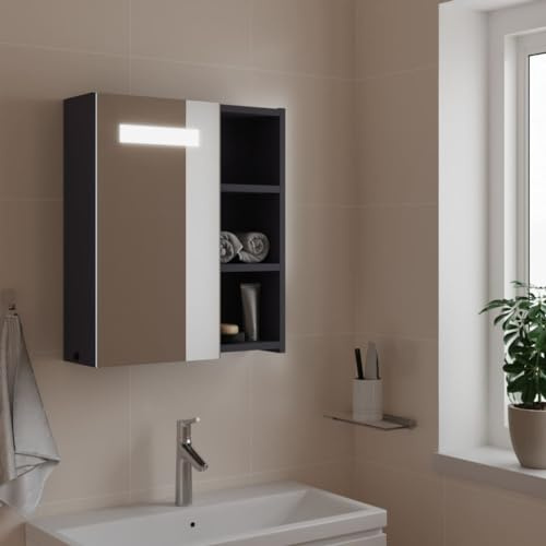 Mhdvray Armoire de salle de bain à LED, grise, 45 x 13 x 52 cm, en bois dérivé du bois, avec miroir, éclairage USB 5 V, pour petites salles de bains et toilettes d'invités